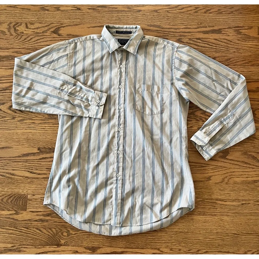 Vintage Levis Fitted Shirt Mens Large Tan Blue Striped Long Sleeve Button Down